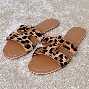 NEW J Crew Leopard Genuine Calf Hair Slides Sandals-Flip Flops-Women’s 7-Brown